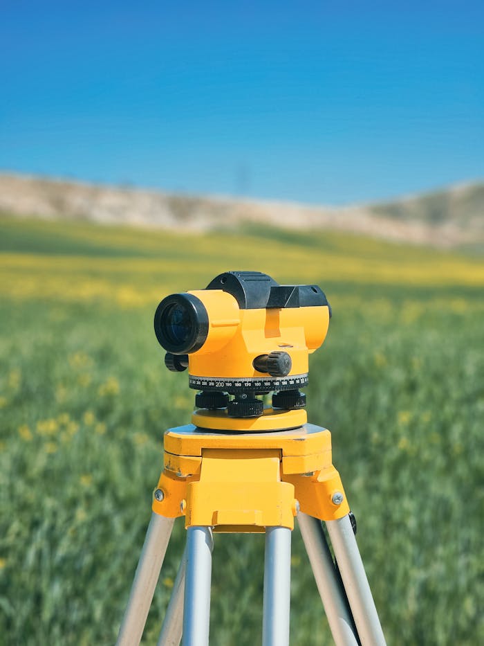 journey A surveyor tripod with a yellow level in a green countryside field under a clear blue sky.