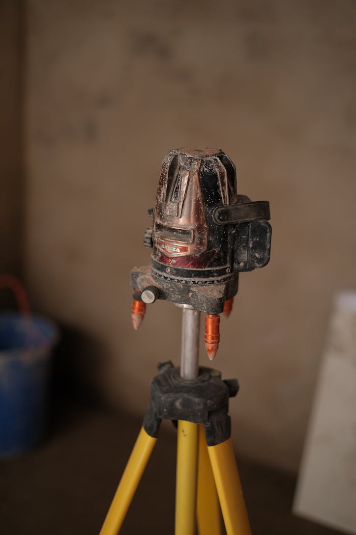 why-choose-us Close-up of a dusty tripod laser level in an indoor construction setting.